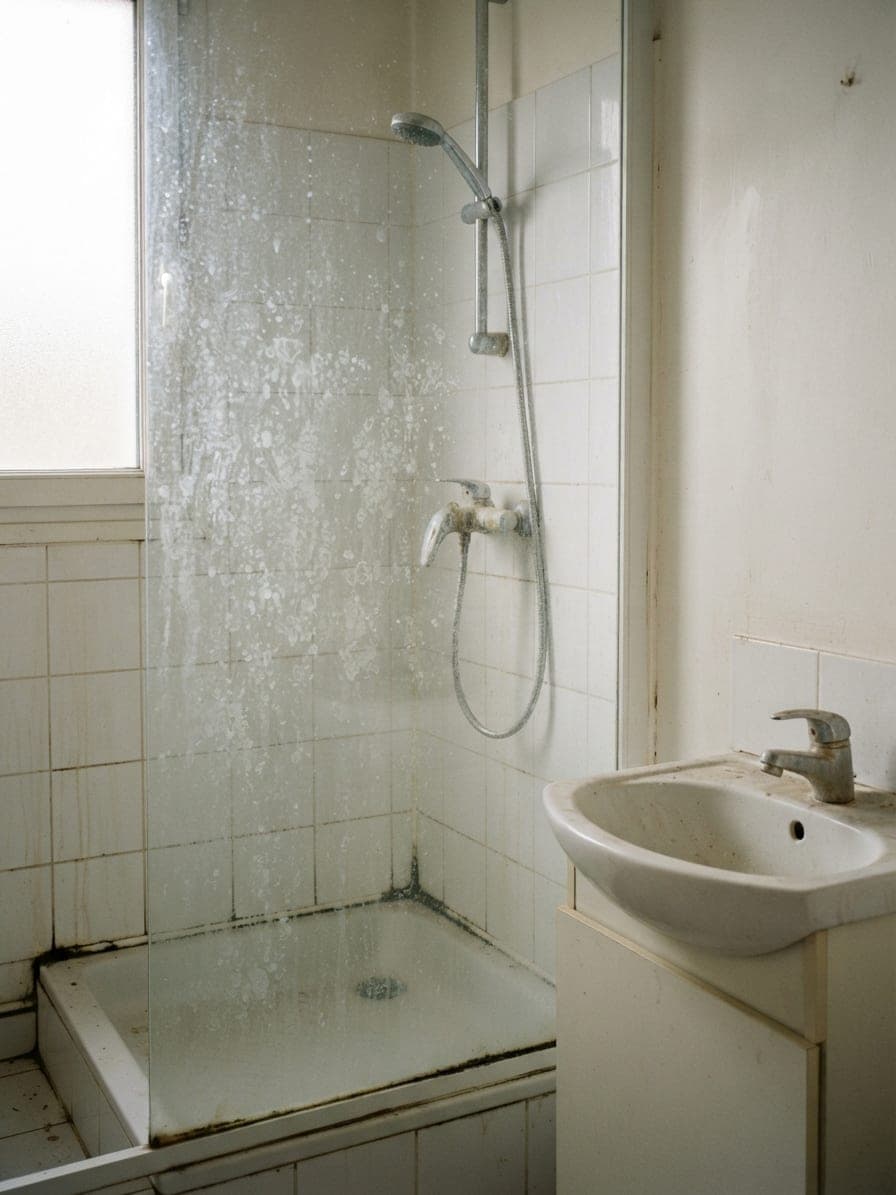 Douche et lavabo entartrés : vitre voilée par le calcaire, joints noircis, robinet terni