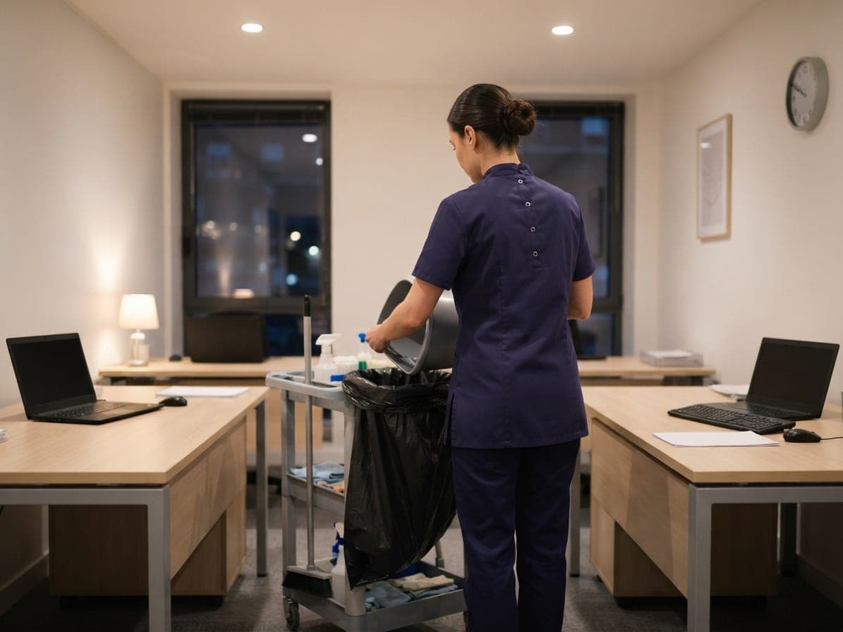 Femme en tunique bleu marine qui vide une corbeille dans le sac d'un chariot, entre deux bureaux
