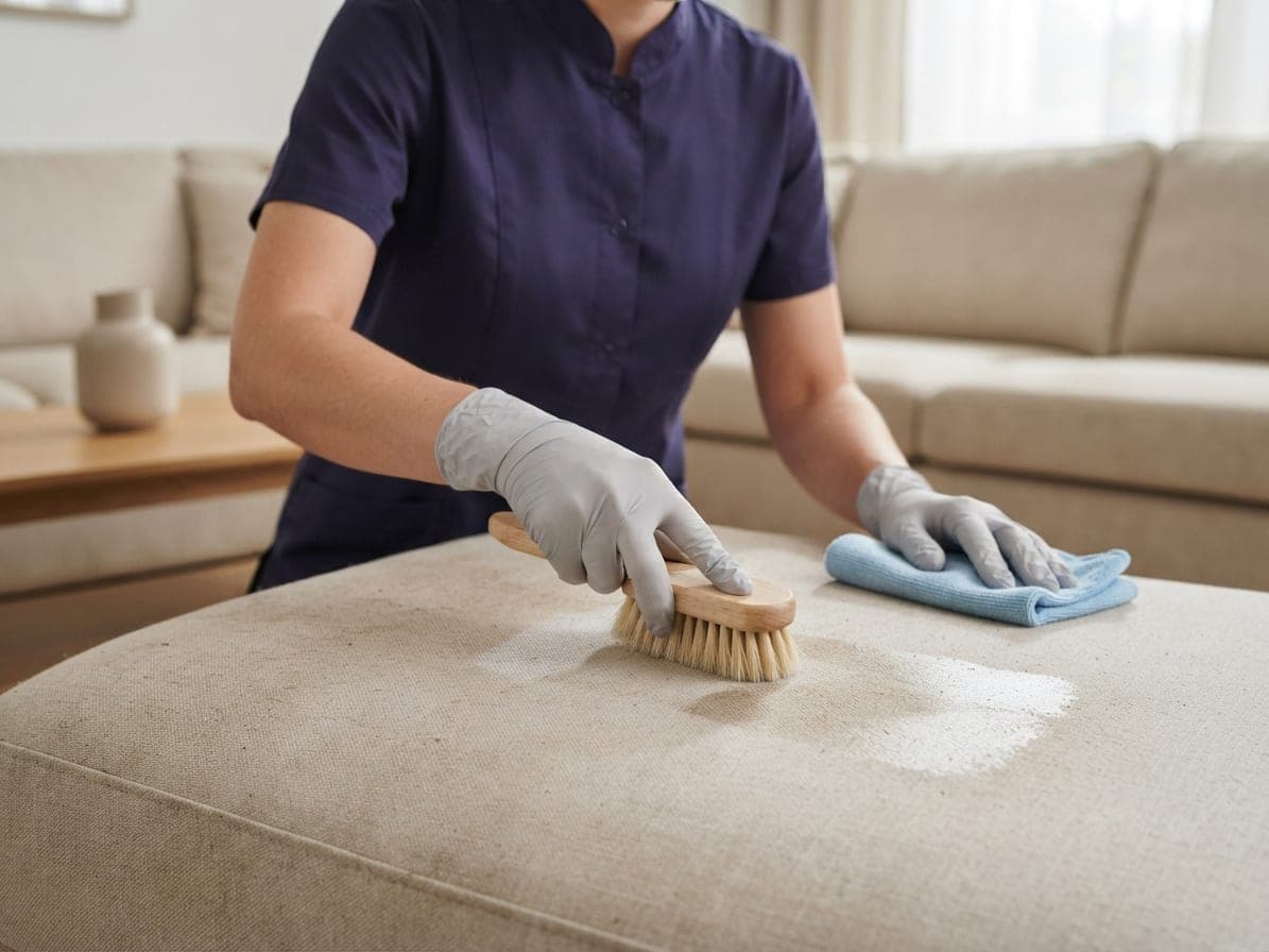 Mains gantées qui brossent l'assise d'un pouf en tissu beige, tache en train de partir