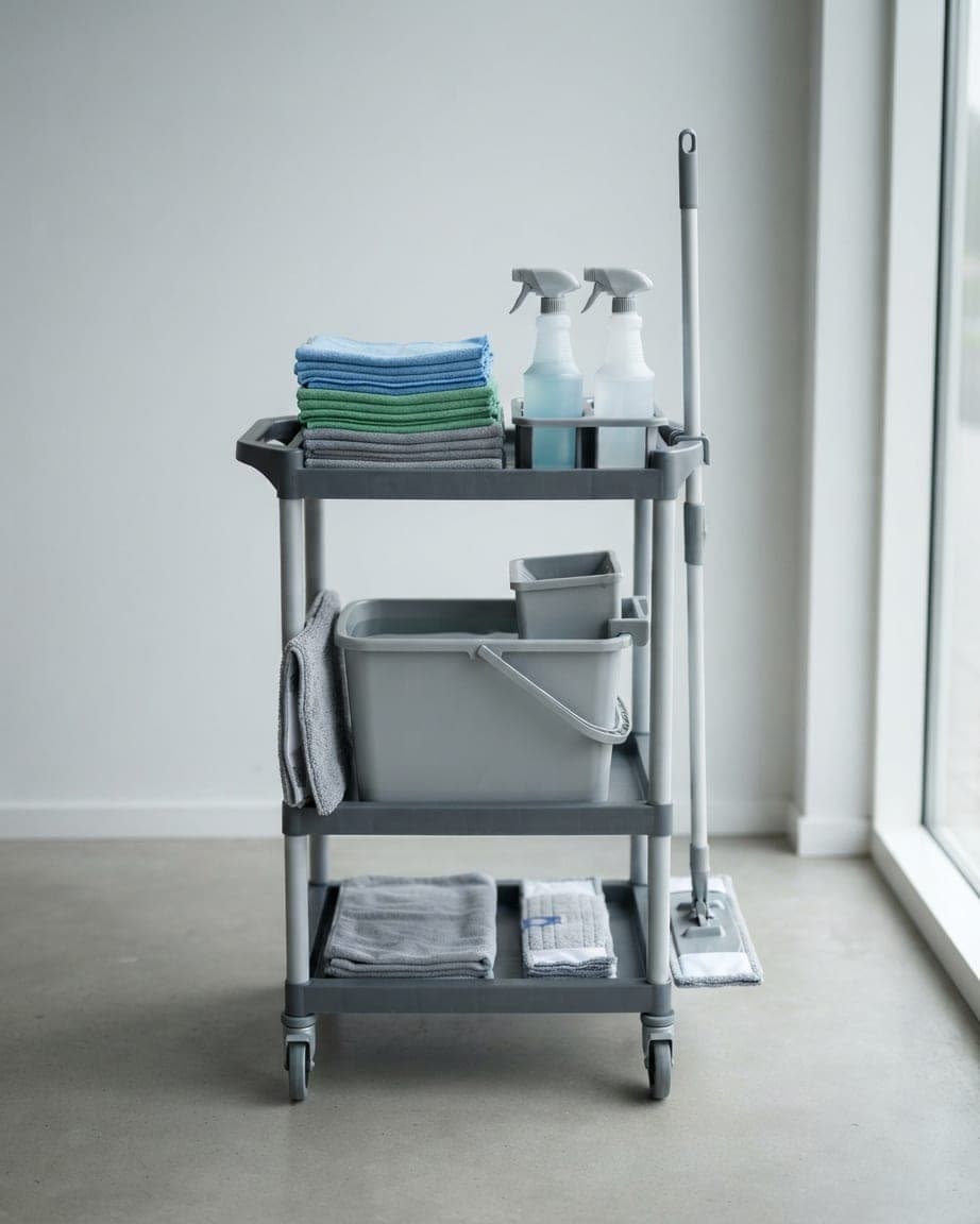 Chariot de ménage gris : pile de chiffons microfibre, deux flacons, seau à essoreur et balai à plat