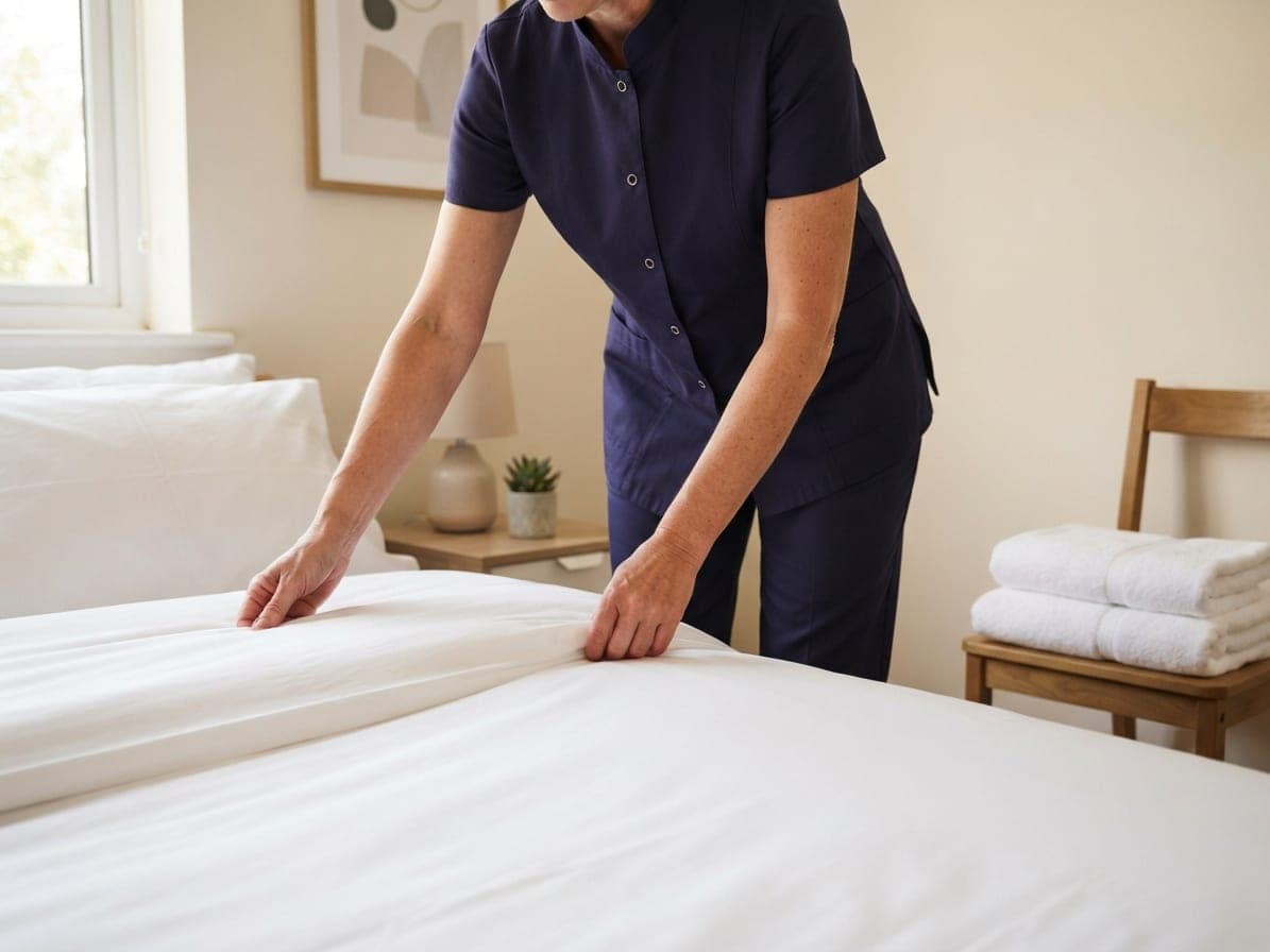Mains qui lissent la housse blanche d'une couette sur un lit, serviettes pliées sur une chaise