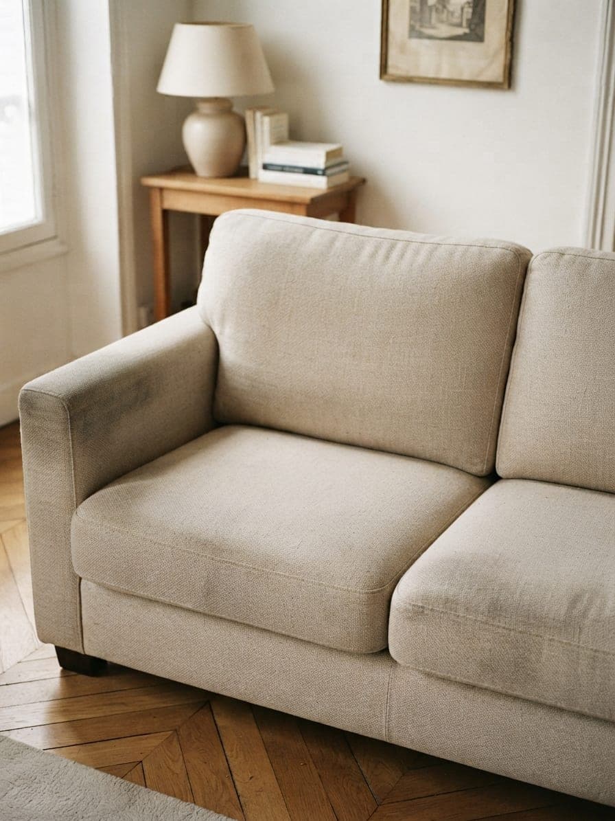 Le même canapé détaché : assise uniforme, plus de tache ni de miettes
