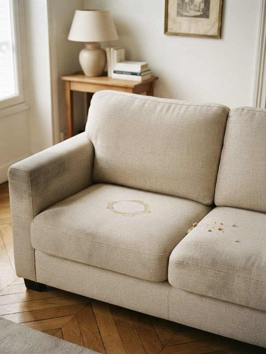 Canapé en tissu beige taché : auréole sur l'assise et miettes sur le coussin