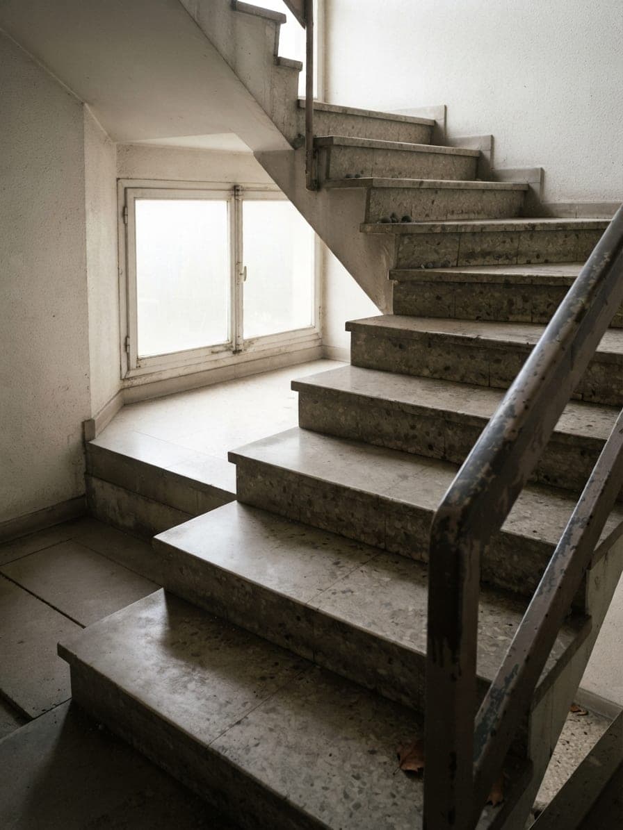 La même cage d'escalier lavée : marches nettes, palier dégagé, rampe propre
