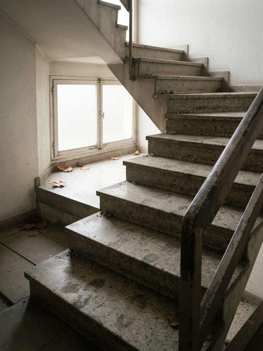 Cage d'escalier d'immeuble aux marches poussiéreuses, feuilles mortes et rampe terne