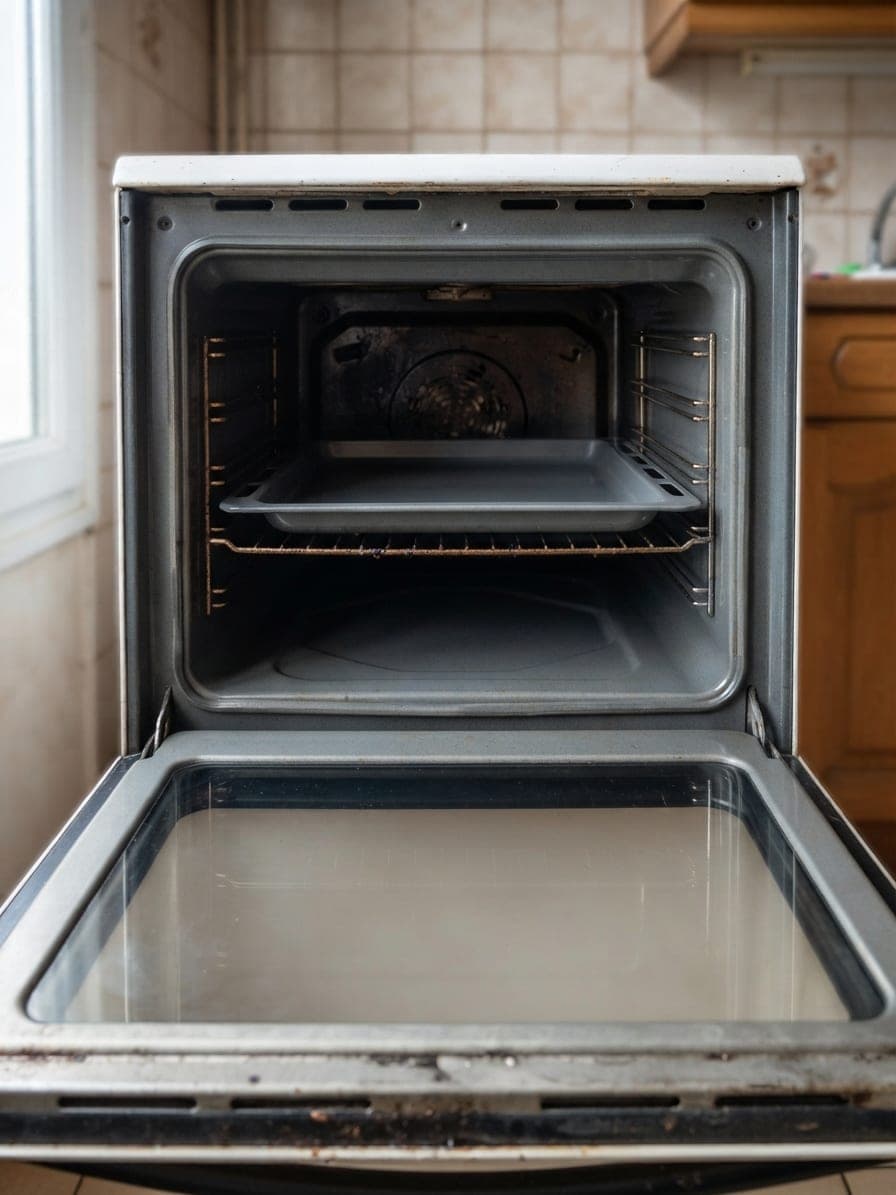 Le même four nettoyé : porte vitrée transparente, parois propres
