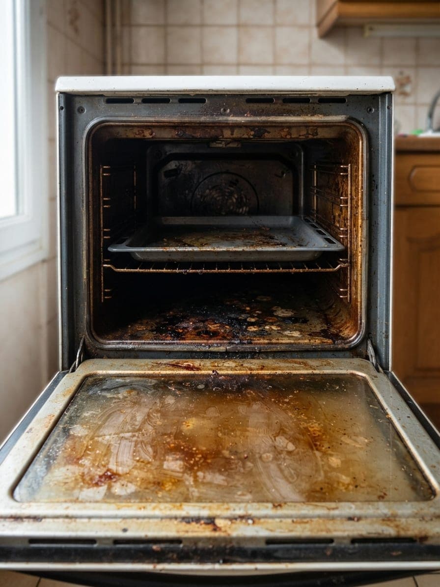Four ménager à la porte vitrée et aux parois encrassées de graisse brûlée