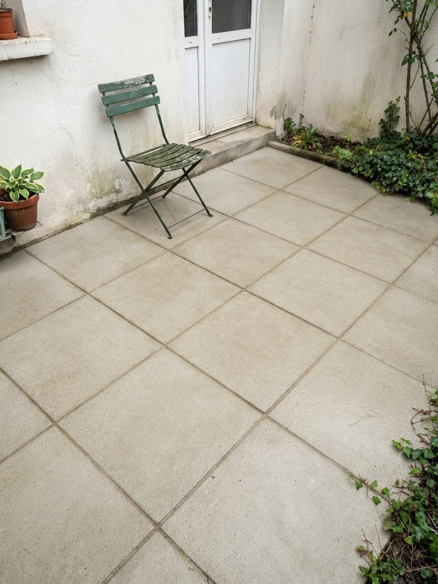 La même terrasse après haute pression : dalles claires, joints nets, même chaise