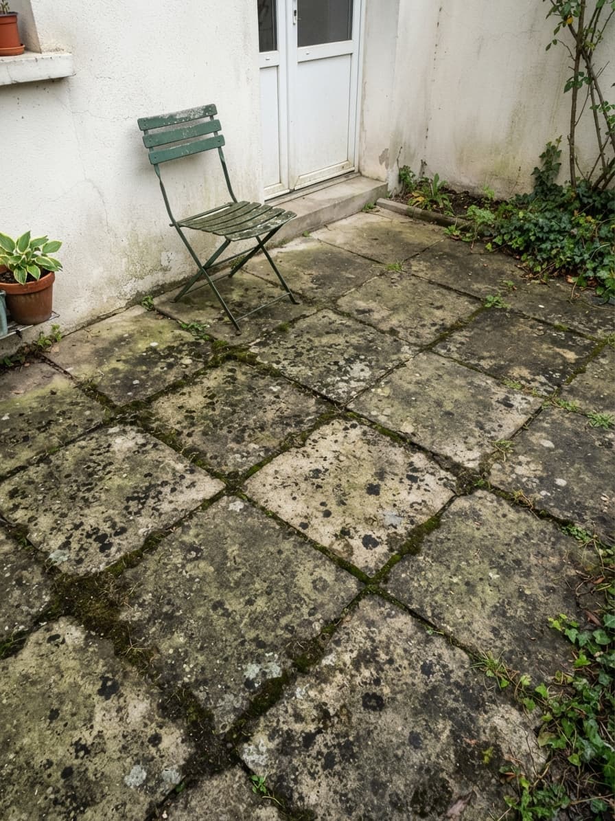 Terrasse dallée noircie de mousse et de taches, chaise pliante verte contre le mur