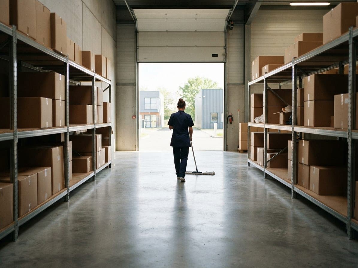 Allée d'entrepôt entre des étagères de cartons, sol en béton lisse et porte sectionnelle ouverte
