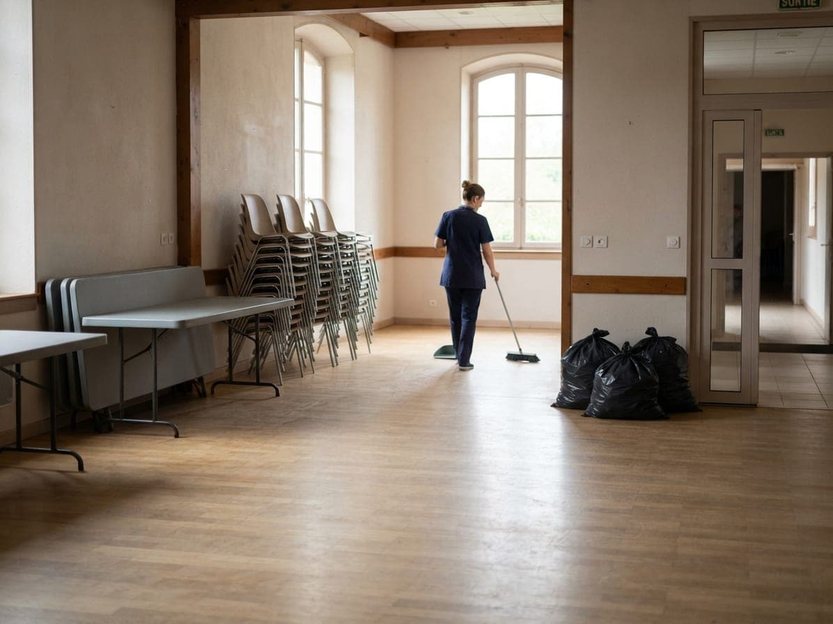 Salle des fêtes après une réception : chaises empilées, sacs-poubelle fermés, personne qui balaie le parquet