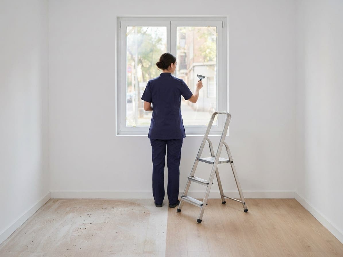 Personne de dos qui gratte une fenêtre d'une pièce neuve aux murs blancs, escabeau à côté du parquet