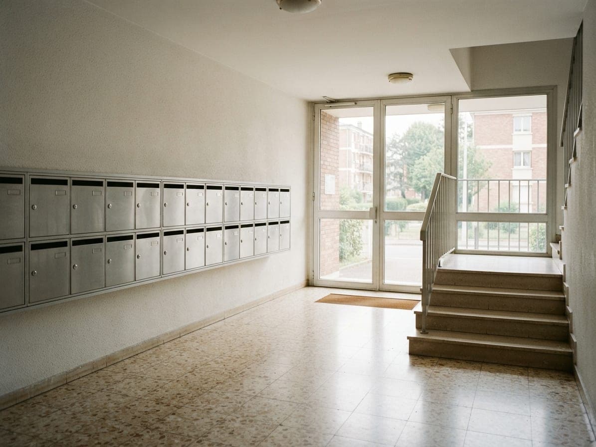 Hall d'immeuble propre : rangée de boîtes aux lettres métalliques, sol brillant, porte vitrée et escalier