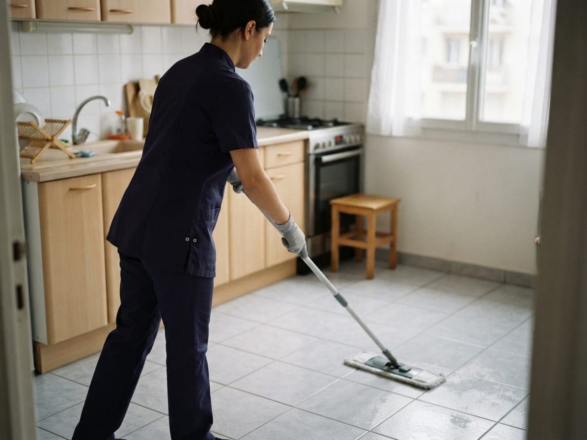 Femme en tunique bleu marine qui passe un balai à plat sur le carrelage d'une cuisine