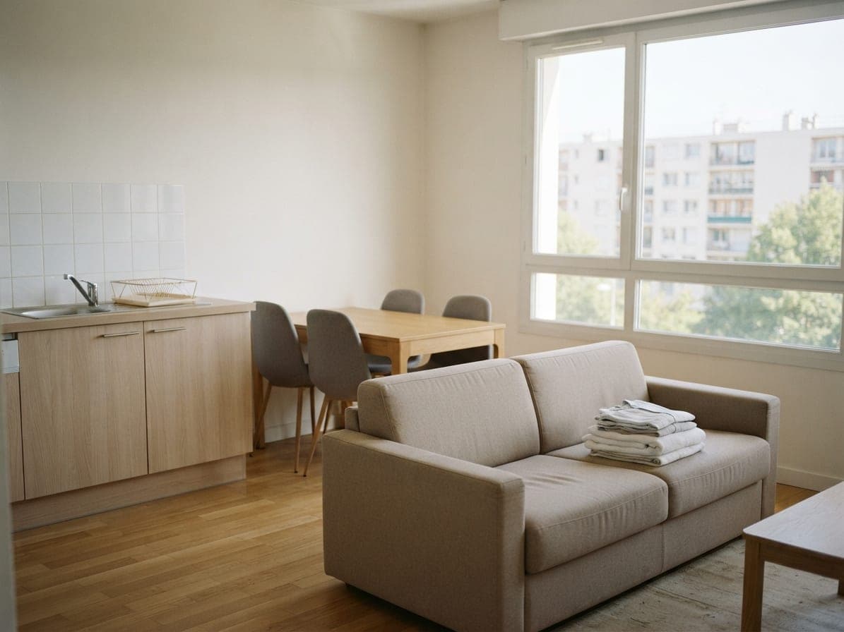 Studio clair après ménage : canapé beige, table à manger, cuisine ouverte et linge plié sur l'accoudoir