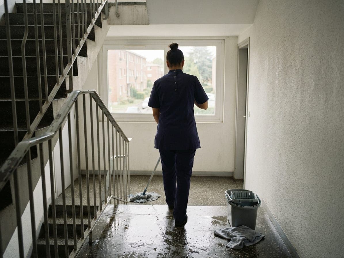 Personne de dos qui lave à la serpillière le palier d'une cage d'escalier, seau et rampe métallique