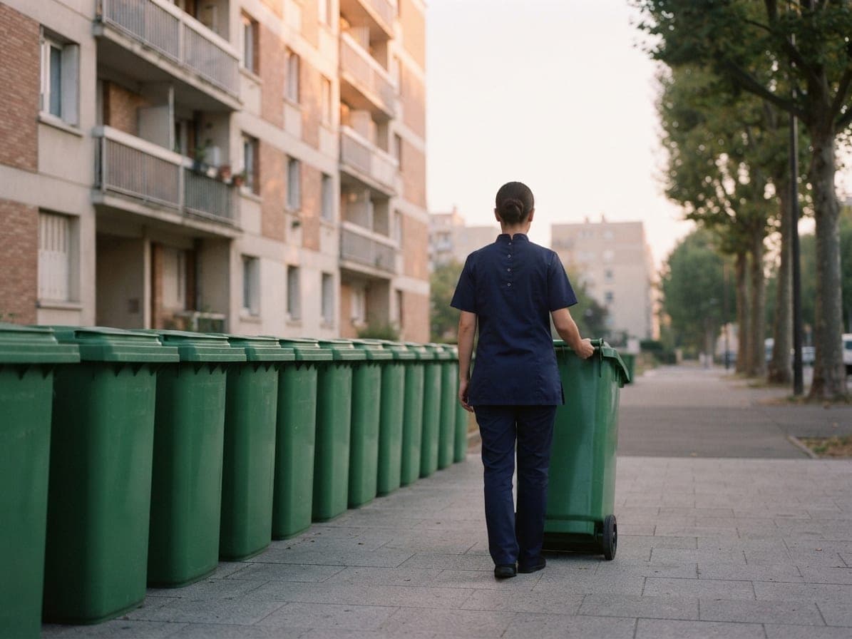 Personne de dos qui roule un bac vert le long d'une rangée de bacs, devant un immeuble