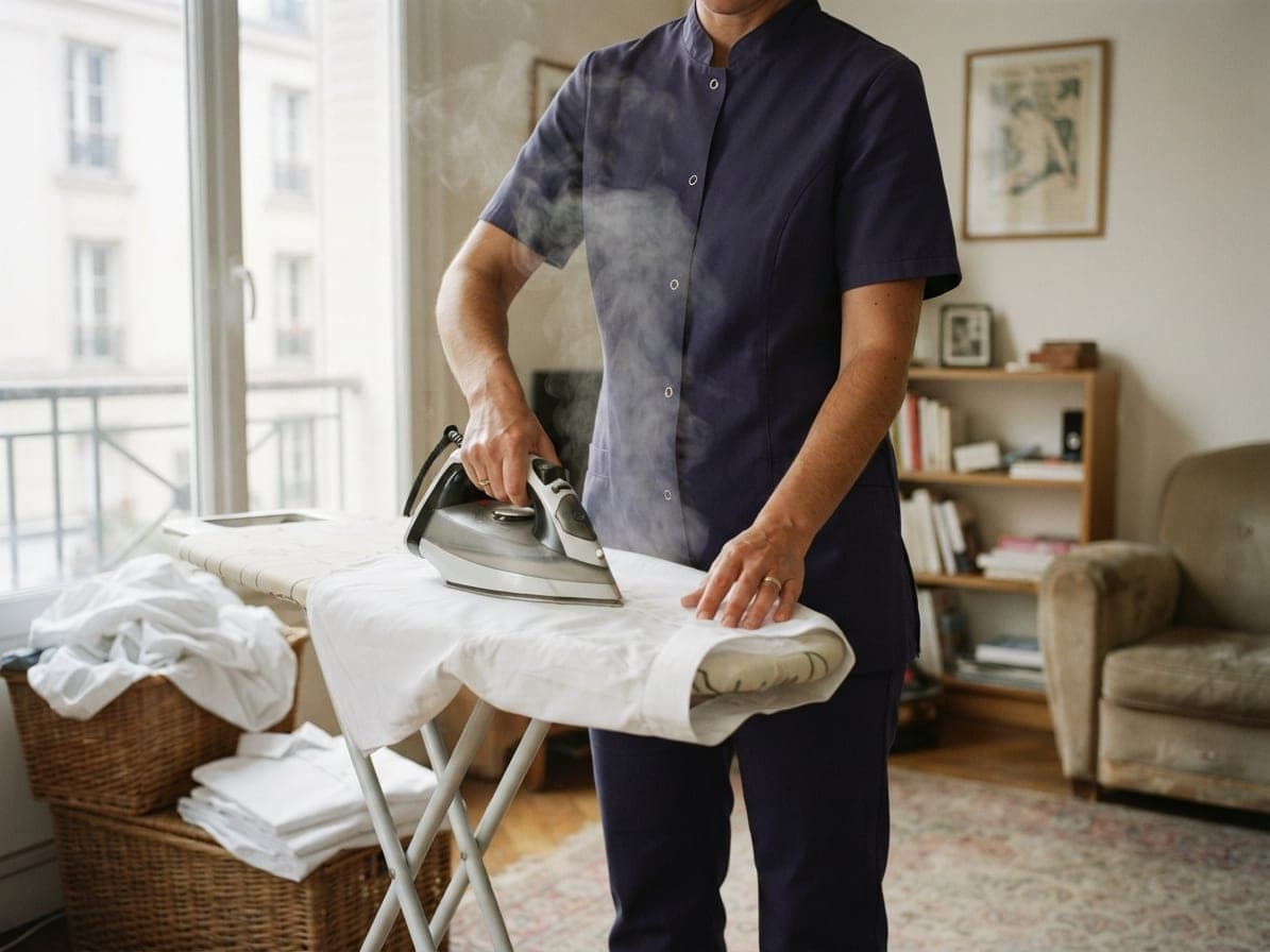 Femme en tunique bleu marine qui repasse une chemise blanche, vapeur et panier de linge à côté